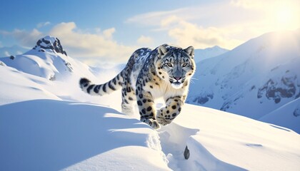 Majestic snow leopard actively running across a bright snowy mountain ridge under sunlight