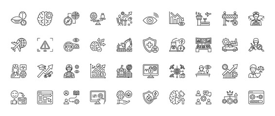 Business and risk management line icon set. Vector pictograms of decision-making, aviation, cybersecurity, and safety, thin outline illustration.