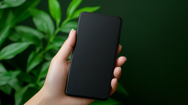 Female hand holding smartphone with blank screen, business style, green plant background
