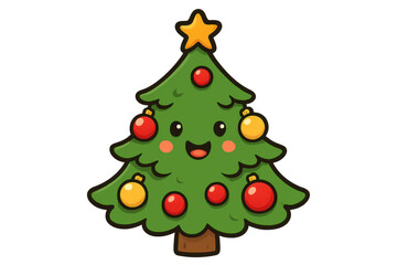 Kawaii christmas tree character celebrating winter holiday with festive ornaments and happy face, transparent background