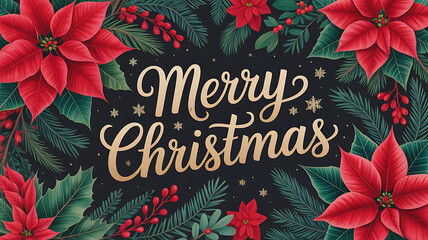 Festive merry christmas greeting card with poinsettias, pine branches, and golden text on black