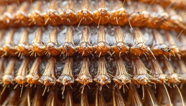 Extreme close up macro photograph reveals rows of segmented appendages on an insect's body
