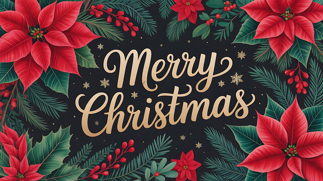Festive merry christmas greeting card with poinsettias, pine branches, and golden text on black