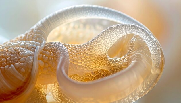 Extreme macro close up of a snail's textured skin and eyestalks illuminated by soft backlighting