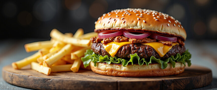 Fresh burger with cheese, lettuce, and onion served with fries   - Powered by Adobe