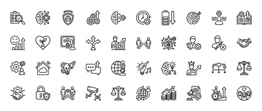 Business and management line icon set. Vector pictograms of decision making, innovation, security, and growth, thin outline illustration.