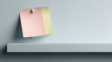 A white shelf with a pink, yellow, and green sticky note on it