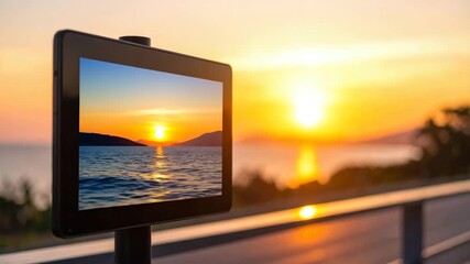 Tablet computer with sunset view tablet computer in foreground sunset casting warm glow in background technology meeting natural beauty - Powered by Adobe