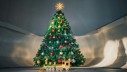Festive Christmas Tree with Ornaments and Toy Train Display.