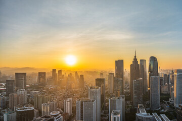 Aerial view of the modern city commercial buildings with skyline at sunrise in Guangzhou
