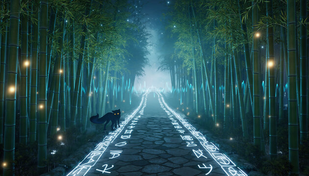 Enigmatic fox finds path lit by magic symbols - Powered by Adobe