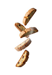 Artistic Shot Of Biscotti Cookies Falling Isolated On Transparent Background With Sweet Sugar Dust