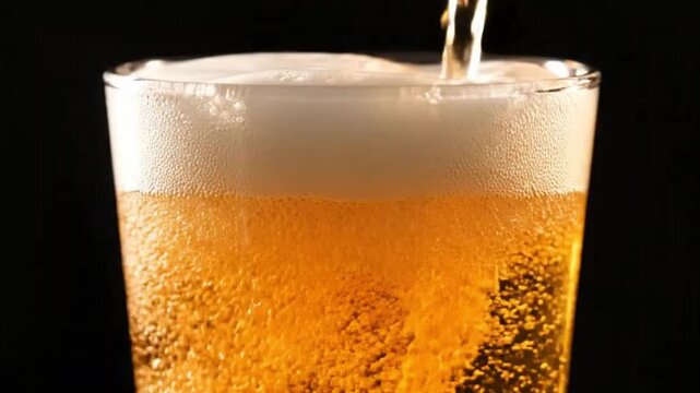 A captivating close-up shot captures the dynamic action of a golden, effervescent liquid being poured into a clear glass, creating a rich, frothy head of white foam. The vibrant amber hue of the bever