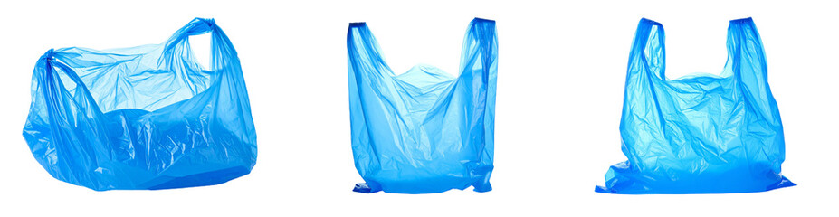 Three Blue Transparent Plastic Shopping Bags Isolated Against a Transparent Background