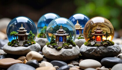 Asian Pagoda Snow Globes Zen Landscape with Meditation, and Garden.