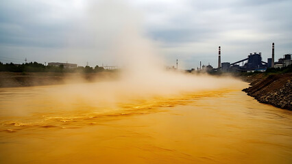 Fototapeta premium Industrial pollution: A river contaminated by industrial waste, with factory in the background.