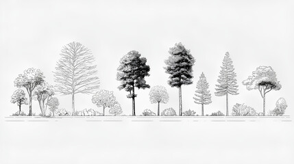 Naklejka premium Minimal style cad tree line drawing, Side view, set of graphics trees elements outline symbol for architecture and landscape design drawing. Vector illustration. outdoor forest garden section Stock