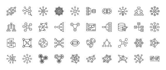 Fototapeta premium Technology and data line icon set. Vector pictograms representing networks, connections, structures, and artificial intelligence, thin outline illustration.
