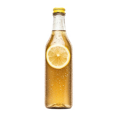 Close Up Of A Sparkling Lemon Drink Inside A Glass Bottle With A Yellow Cap And Lemon Slice Against Transparent Background