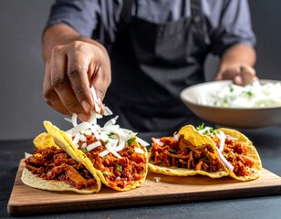 Authentic street tacos al pastor preparation adding fresh onion garnish action shot