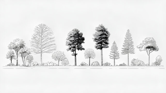 Minimal style cad tree line drawing, Side view, set of graphics trees elements outline symbol for architecture and landscape design drawing. Vector illustration. outdoor forest garden section Stock