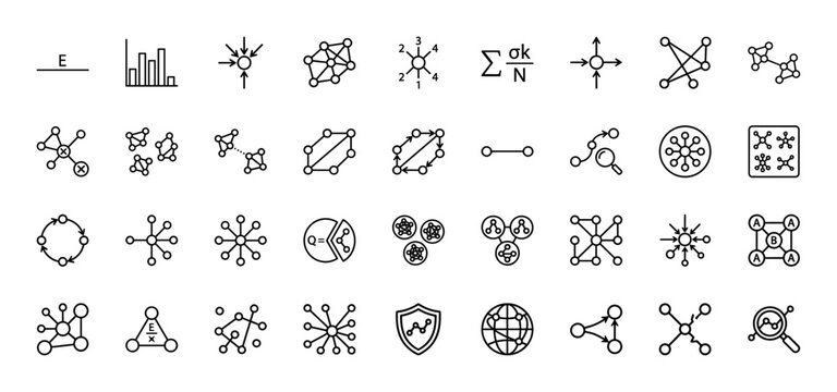 Network topology and graph theory line icon set. Vector pictograms of nodes, edges, connections, and structural properties, thin outline illustration.