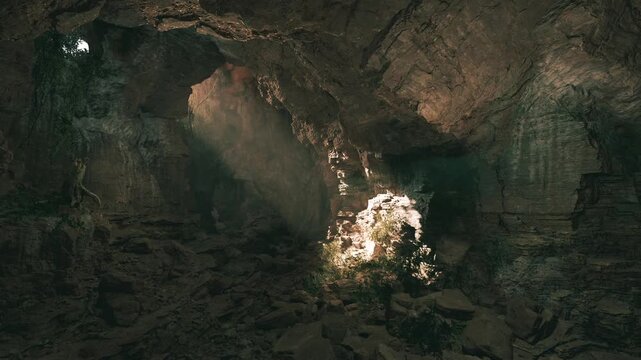 Natural light streams into a cavernous space, illuminating patches of greenery among the rocky terrain. The interplay of light and shadow creates a mystical atmosphere in the cave.