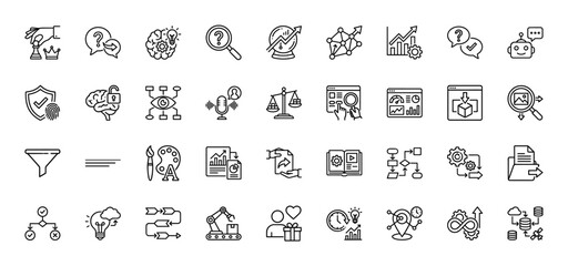 Business and data analysis line icon set. Vector pictograms of puzzle, research, chart, shield, balance, and automation, thin outline illustration.