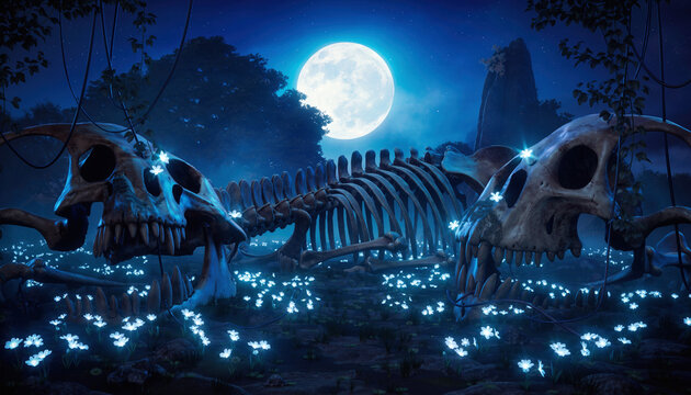 Magical dinosaur skeleton with glowing flowers