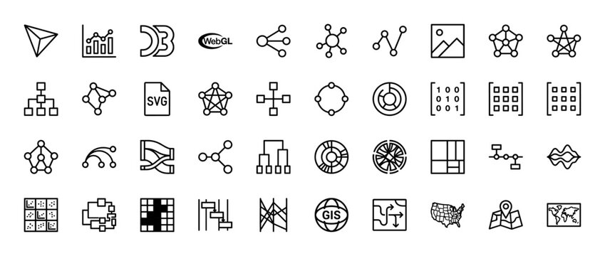 Data visualization and network diagram line icon set. Vector pictograms of charts, graphs, WebGL, matrix, and GIS map symbols, thin outline illustration.