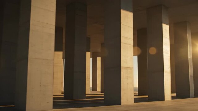 A smooth dolly shot timelapse capturing long geometric shadows crawling in perfect, calculated synchrony across the identical monolithic columns of a modernist structure building, columns, lines