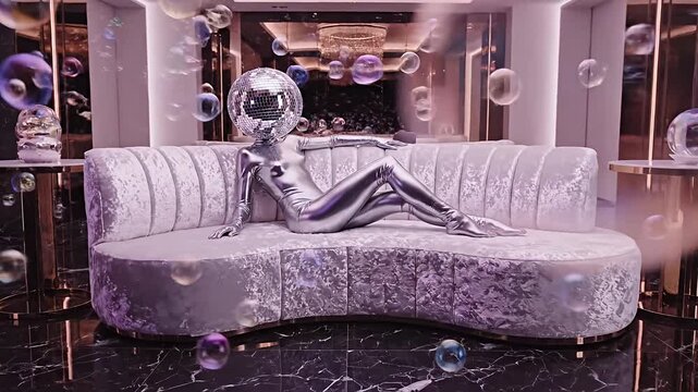 Captivating scene of a disco ball headed figure in a shimmering silver catsuit reclining on a plush velvet sofa amidst floating iridescent bubbles in a chic mod