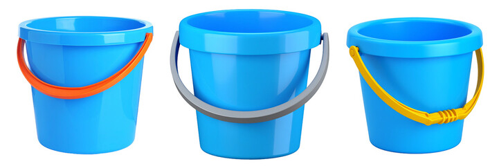 Three Blue Buckets With Different Color Handles Against Transparent Background