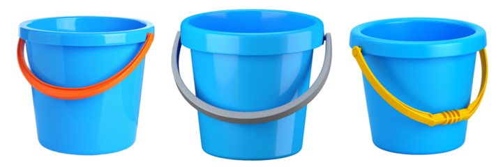 Three Blue Buckets With Different Color Handles Against Transparent Background
