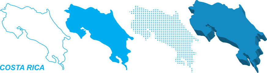 Costa Rica Map Vector Set, Central America Outline Silhouette Dotted 3D Solid Shapes, Costa Rica Country Infographic Template, Editable EPS Costa Rica Geography