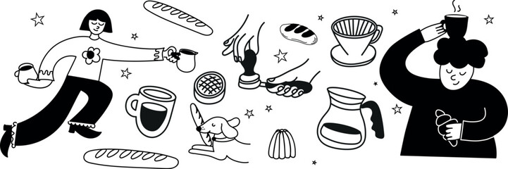 Stylish line art set with barista, tamping hands, coffee tools, bread, waffles, baguette, and pastries. Ideal for menus, posters, packaging, blogs, and cafe branding.