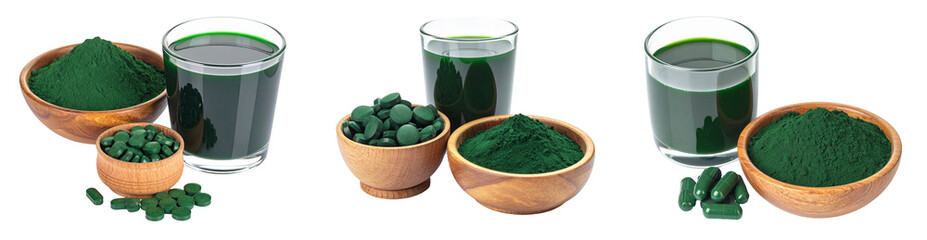 Spirulina Supplements And Powder In Wooden Bowls With Green Drink And Capsules Isolated On Transparent Background