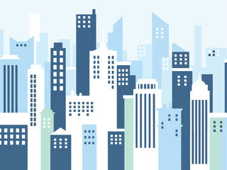 Obraz premium Stylized multicolored silhouette cityscape illustration with diverse skyscraper shapes