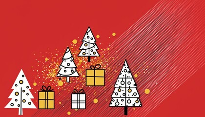 Festive Christmas trees and gift boxes illustration with sparkling holiday elements.