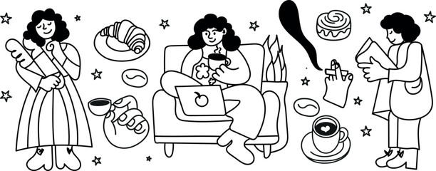 Cute black-and-white line art collection with characters, baguette, croissant, coffee cups, laptop, plants, and desserts. Great for menus, branding, blogs, stickers, and prints.