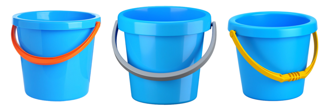 Three Blue Buckets With Different Color Handles Against Transparent Background