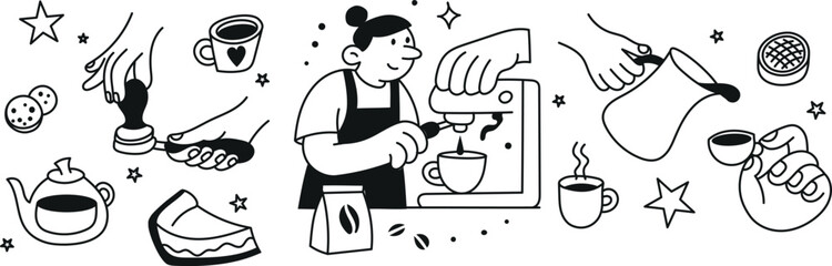Monochrome line art pack featuring barista at espresso machine, tamping hands, cezve, coffee cups, beans, desserts and tools. Ideal for cafe menus, posters, stickers, and packaging.