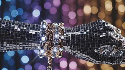 Elegant diamond and gold bracelets dazzle on a futuristic mirrored disco ball hand illuminated by vibrant bokeh lights Perfect for luxury fashion party and celebration - Powered by Adobe