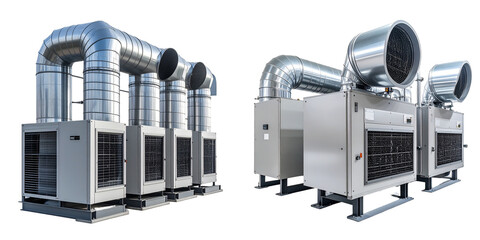 Industrial Ventilation System with Metallic Ducts and Silver Components on Transparent Background