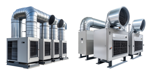 Industrial Ventilation System with Metallic Ducts and Silver Components on Transparent Background