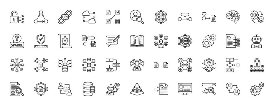Knowledge graph and semantic web line icon set. Vector pictograms of ontology, uri, ai, and data flow, thin outline illustration.