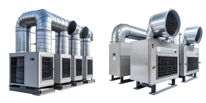 Industrial Ventilation System with Metallic Ducts and Silver Components on Transparent Background