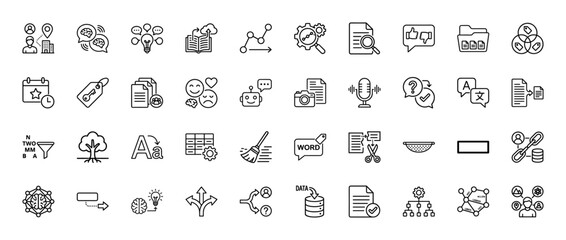 Business and data analysis line icon set. Vector pictograms of research, strategy, knowledge, and development, thin outline illustration.