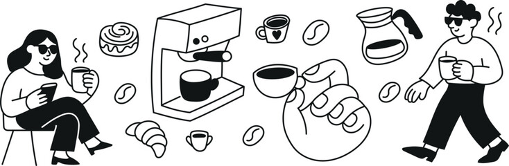 Bold monochrome line art set with espresso machine, huge coffee cup hand, croissants, beans and characters. Ideal for trendy cafe branding, stickers and illustrations.