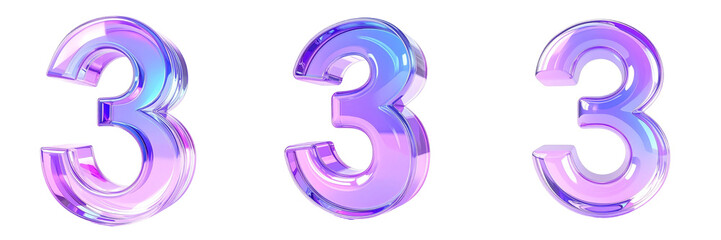 Three Dimensional Digit Three With Shiny Metallic Texture Isolated On Transparent Background